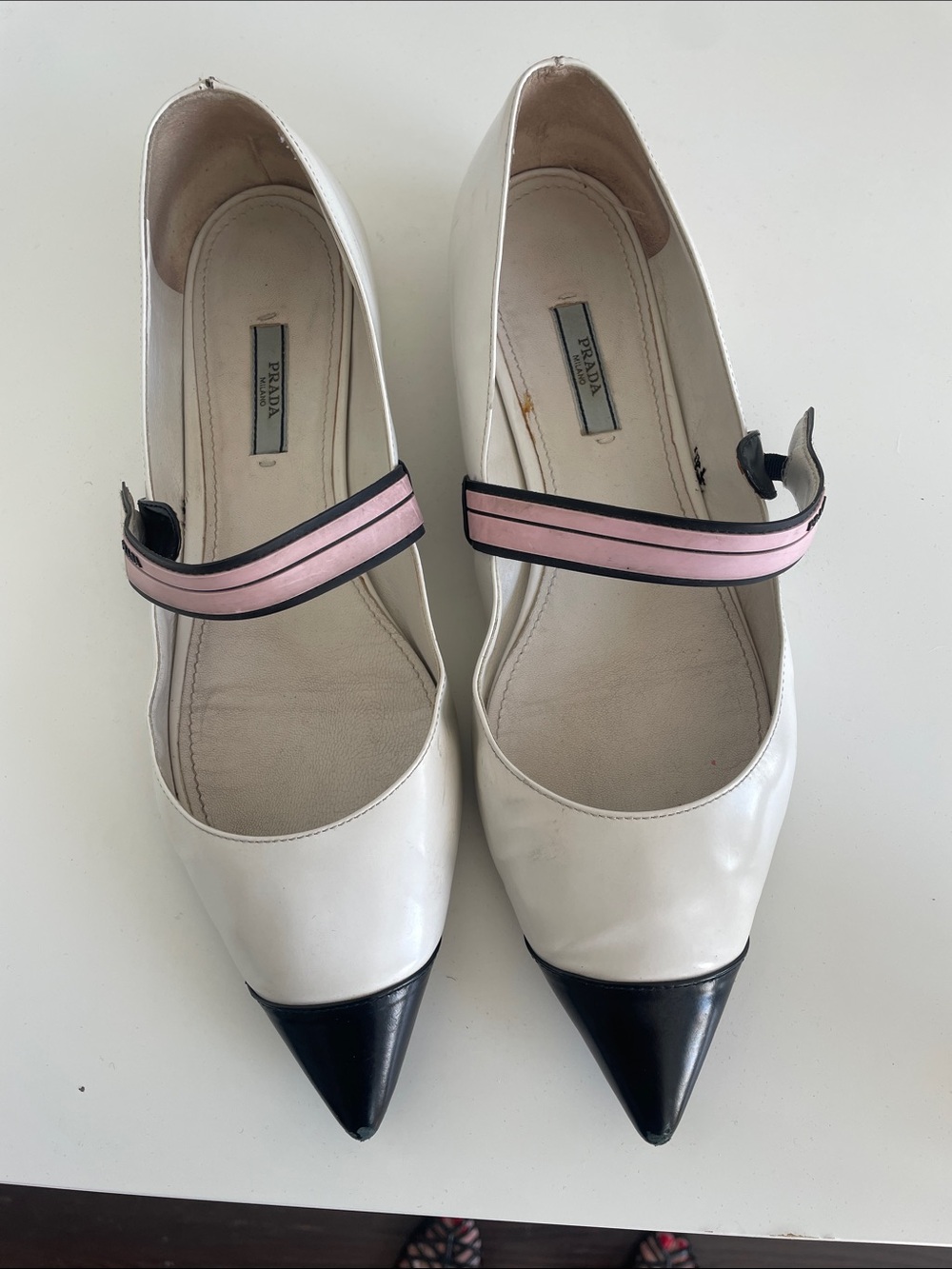 Prada White Leather Pointed-Toe Mary Janes with Pink and Black Strap